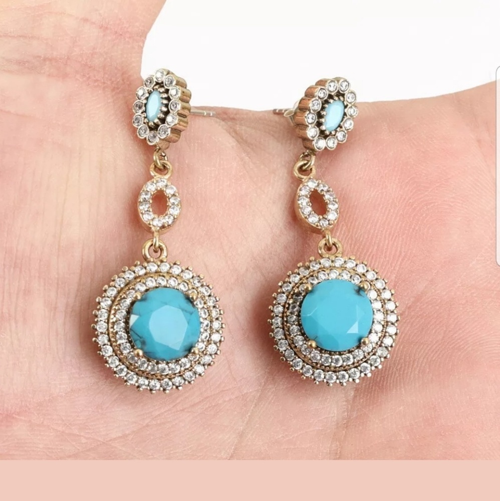 Turquoise & white topaz Sterling & Gold Turkish Style earrings - Picture 4 of 4